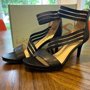 Women's Life Stride Open-toe Heels-  Size 8 Strappy Black Leather